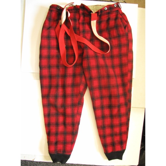 Vintage Woolrich Hunting Pants Mens Red Plaid Wool Quilted Lined Suspenders